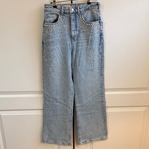 Anthropologie Light Blue Straight Leg Jeans with Pearl Accents